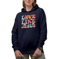thumbnail image 1 of Love Like Jesus, Loving Unconditionally Like Christ Quote, Groovy Retro Wavy Text Merch Gift, Navy Blue Hooded Sweatshirt or Hoodie, 3XL, 1 of 5