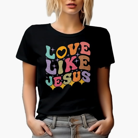 Love Like Jesus, Quote on Loving Unconditionally, Groovy Retro Wavy Text Merch Gift, Black T-Shirt, Large