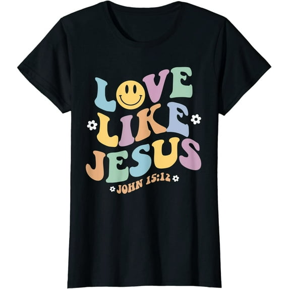 Love Like Jesus Religious God Christian Flower Smile Decor T-Shirt for Women Black 2X-Large