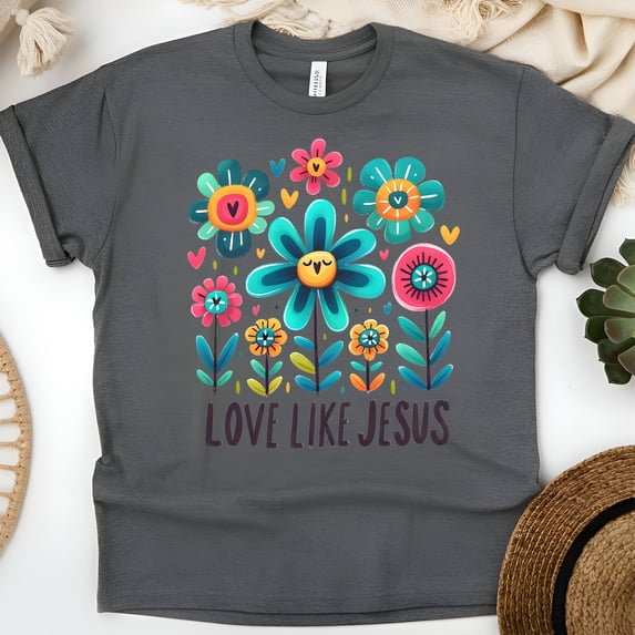Love Like Jesus T-Shirt for Women, Christian Floral Graphic Tee, Dark Heather, Size 2XL