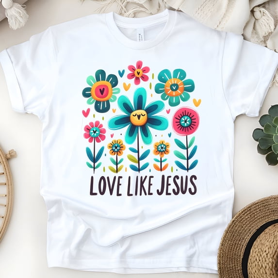 Love Like Jesus T-Shirt for Women, Christian Floral Graphic Tee, White, Size 3XL