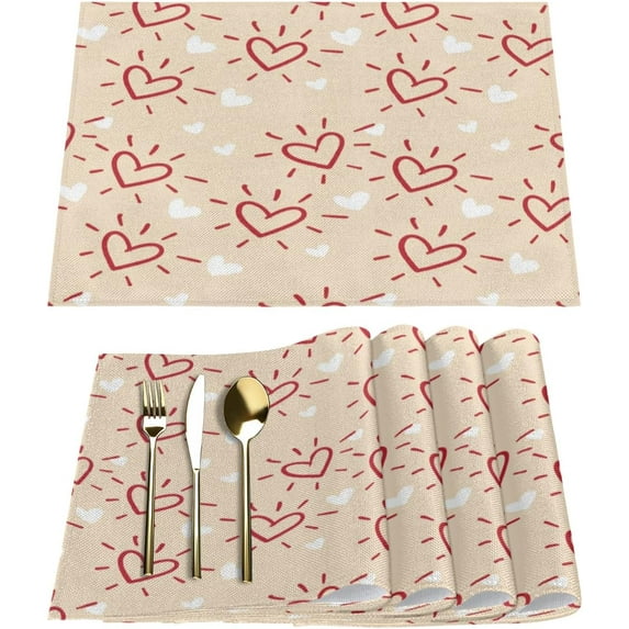 Love Line Valentine''s Day Placemats Set of 6 Fabric Placemats Square Placemat for Kitchen Table Heat Resistant, Easy to Clean Table Placemats 12x18 Inch