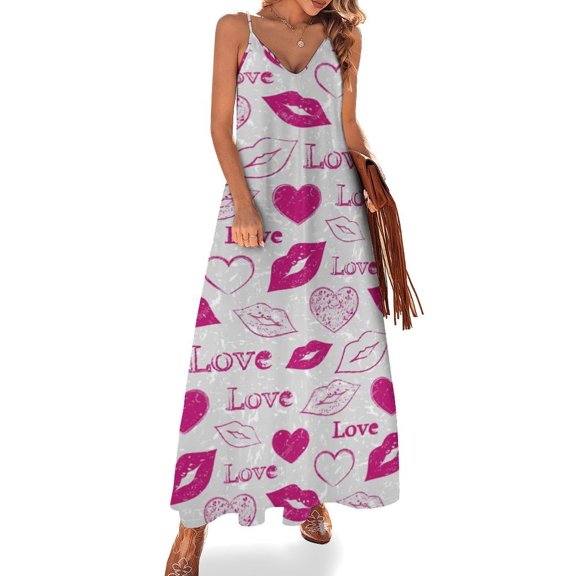 Love Lips Heart Sleeveless Suspender Dress Summer Fashion Casual Long Dress