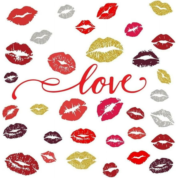 Love Lips Wall Stickers 34PCS Red Silver Gold Brown Kisses Stickers Self-Adhesive Vinyl Wall Art Decals Valentine's Day Trendy DIY
