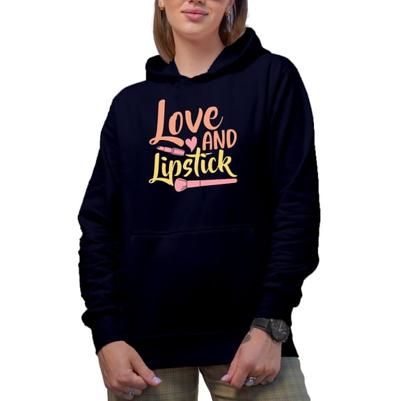 Love and Lipstick Text with Pastel Colors, Beauty Themed Merch Gift for Makeup Artist or Lovers, Cosmetologists & Beauticians, Navy Blue Hooded Sweatshirt or Hoodie, Large