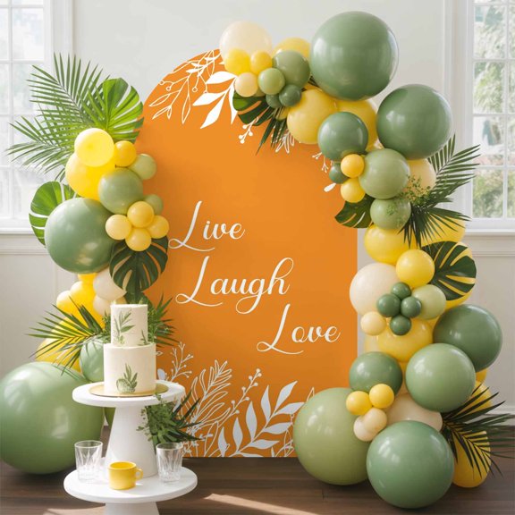 Love Live Laugh Arch Backdrop Cover, 4FT, White Leaf Plant Stems Foliage Orange Background Spandex Arch Covers Double-Sided Backdrop for Wedding Birthday Party Photo Background Decoration