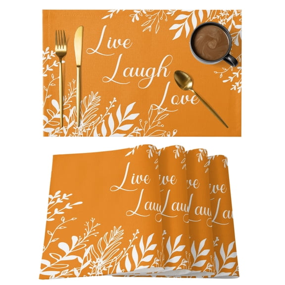 Love Live Laugh Placemats Set of 1, White Leaf Plant Stems Foliage Orange Background Non-Slip Place Mats Washable Table Mats for Kitchen Dining Table Decorations Indoor/Outdoor