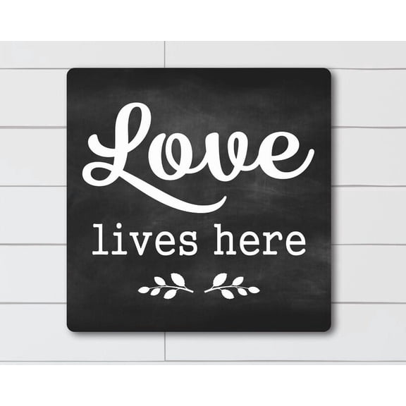 Love Lives Here Wedding Gift Housewarming Gift Uplifting Gift Metal Sign Home Decor Quote Print Kitchen Sign Love Sign Wall Decor Size: 12 inch x 12 inch
