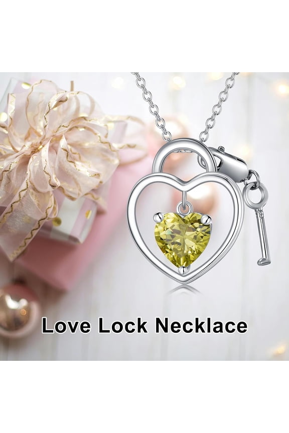 Love Lock Key Necklace for Women 925 Sterling Silver Lover Birthstone Heart Padlock Pendant Necklace Jewelry Gift for Women
