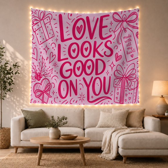Love Looks Good on You Among Gifts and Hearts, Romantic Illustration for Couples, Love Quote Wall Art, Valentine'S Day Gift, Tapestry Wall Hanging for Bedroom and Living Room