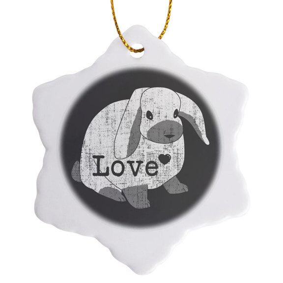 3drose, Love Lop Rabbit Distressed, 3 inch Snowflake Porcelain Ornament