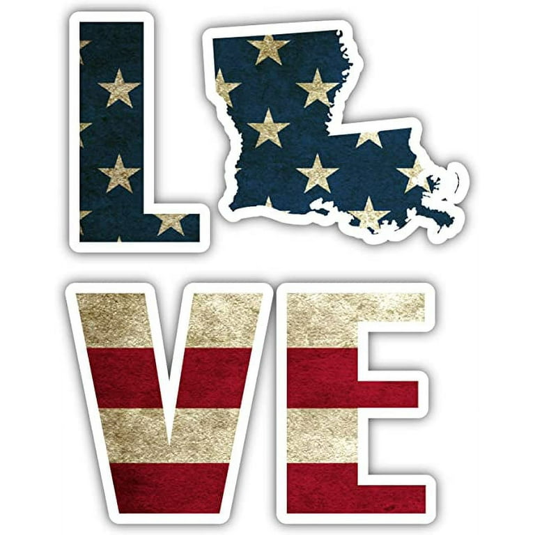 Love Louisiana State Shape Vintage American Flag Sticker Decal 3x5 inches 