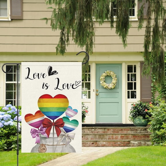 Love is Love Pride Garden Flag 12x18 Burlap, Small Rainbow Love Heart Gay Lesbian LGBT Pansexual Garden Yard Flags Sign Banner for Pride Month Porch Outdoor Decor