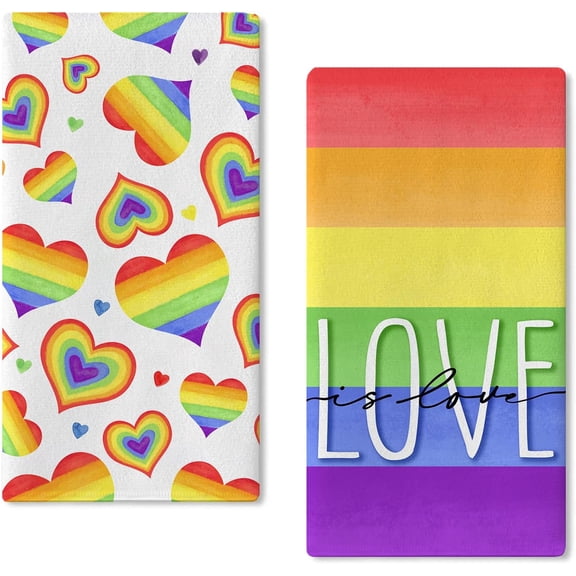 Love is Love Rainbow Kitchen Dish Towels Set of 2, LGBTQ Hearts Hand Towel Pride Month Drying Baking Cooking Cloth, LGBT Gay Lesbian Bisexual Pansexual Home Kitchen Decor 18x26