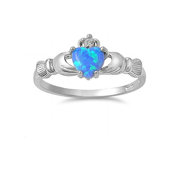 Love Loyalty Friendship Claddagh Blue Simulated Opal Cubic Zirconia Ring Sterling Silver 925 Size 9