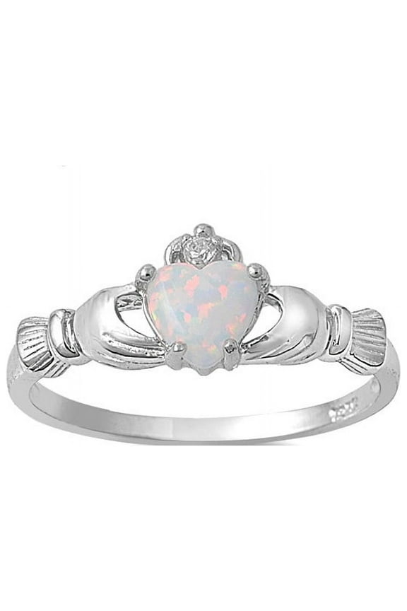 Love Loyalty Friendship Claddagh White Simulated Opal Cubic Zirconia Ring Sterling Silver 925 Size 6