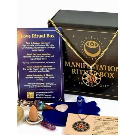 Love Manifestation Ritual Box – Ishtar Goddess Star Love Amulet Gift Set with Rose Quartz, Amethyst, Red Candle, Incense, Music QR & Manifestation Guide