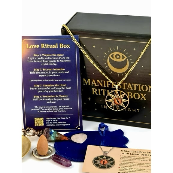 Love Manifestation Ritual Box  Ishtar Goddess Star Love Amulet Gift Set with Rose Quartz, Amethyst, Red Candle, Incense, Music QR & Manifestation Guide