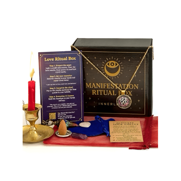 Love Manifestation Ritual Box – Kenaz Gebo Laguz Rune Amulet Gift Set with Rose Quartz, Amethyst, Red Candle, Incense, Music QR & Manifestation Guide