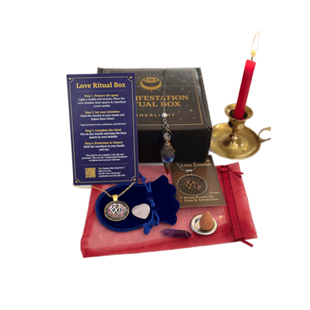 Love Manifestation Ritual Box – Kenaz Gebo Laguz Rune Amulet Gift Set with Rose Quartz, Amethyst, Red Candle, Incense, Music QR & Manifestation Guide