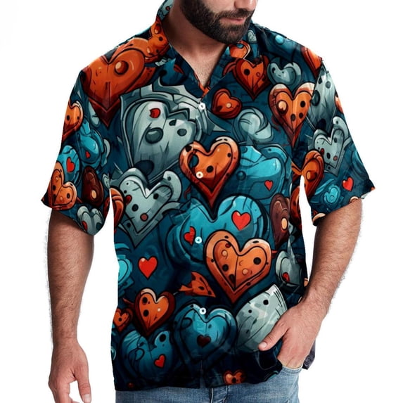 Love Men's Short Sleeve Spread Collar Poplin Shirt, Casual Printed Button Down Summer Beach Tops for Men, Unisex Comfortable Shirts