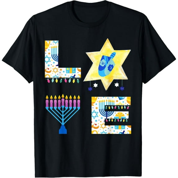 Love Menorah Star Hanukkah Decoration Pajama Matching Family T-ShirtMen and women, Black T-shirt, size: Extra large