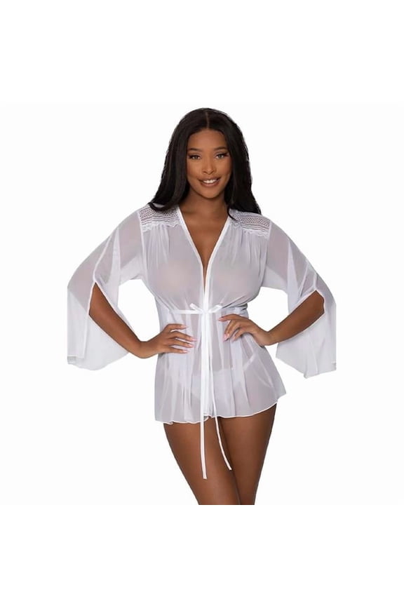 Love Mesh Flowing Short Robe, White - Large & Extra Large