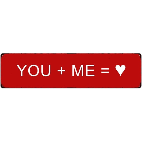 Love Metal Tin Sign You+Me=Love Hanging Plaque Heart Pattern Valentine's Day Wall Art Decoration Home Farmhouse Bar Kitchen Living Room Coffee Corner White Day Decor Gift (Red, 4"x16")