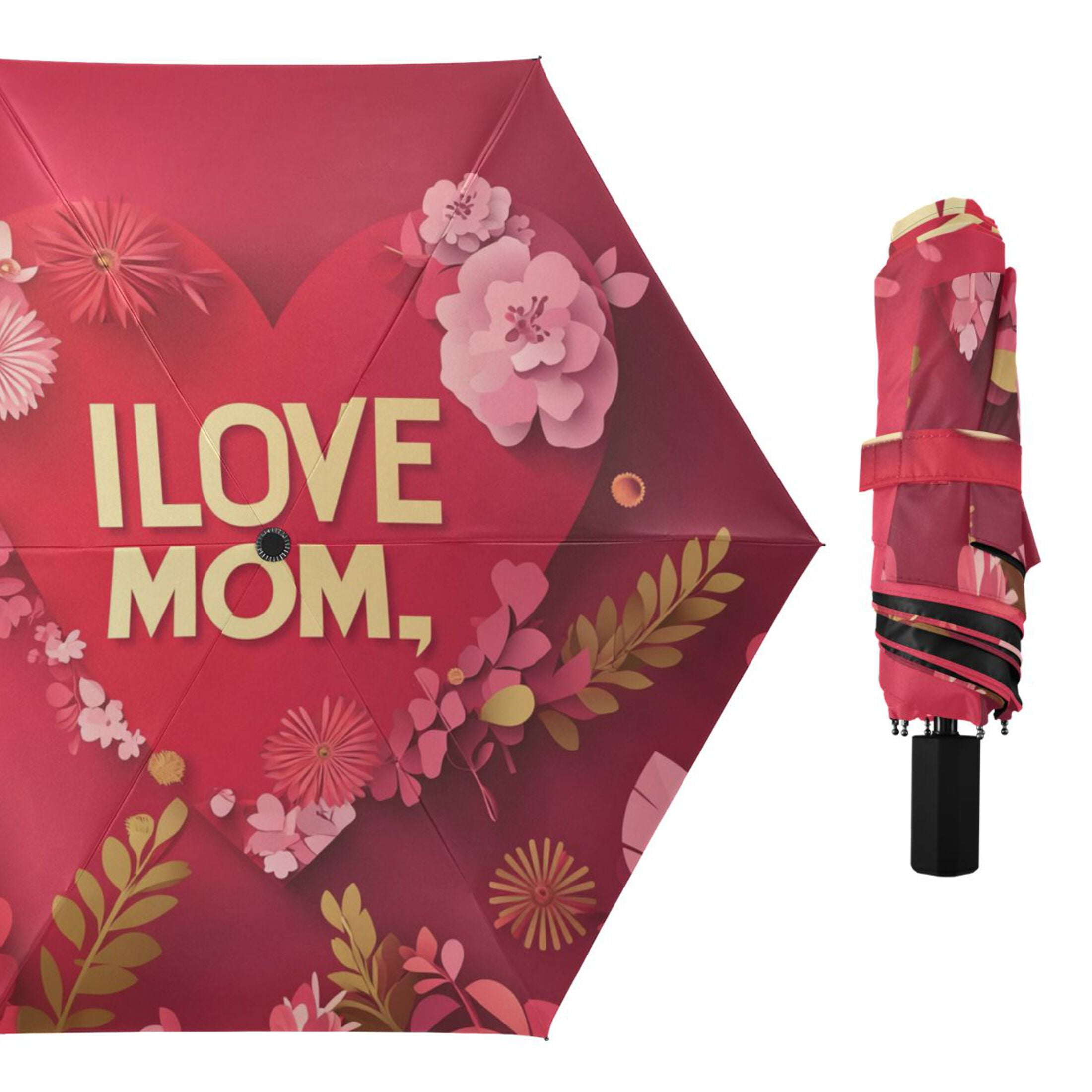 Love Mom Flowers Mothers Day All Weather Umbrella Triple Folding Parasol 6 Ribs UV Protection Portable