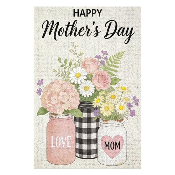 Love Mom Happy Mother's Day Pink Floral Mason Jar 1000 Piece Jigsaw Puzzle Sentimental "Love Mom" Message with a Rustic Pink Floral Arrangement, A Warm and Personal Tribute Artwork
