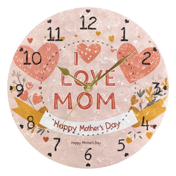 Love Mom Hearts Mothers Day Logo Round Wall Clock Silent Analog Battery Operated Gold Pointer Home Decor 9.84" Diameter