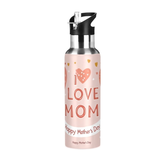 Love Mom Hearts Mothers Day Logo Sports Bottle with Straw Stainless Steel Water Jug Portable Thermal Cup Leak-proof 600ML