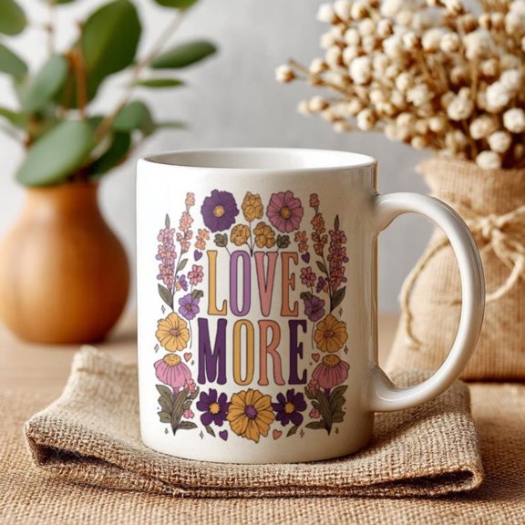 Love More Ceramic Mug A Hearelt Boho Coffee Cup with Floral Design, Inspirational Quote Style and a Posit Mug Gift Vaines Day.