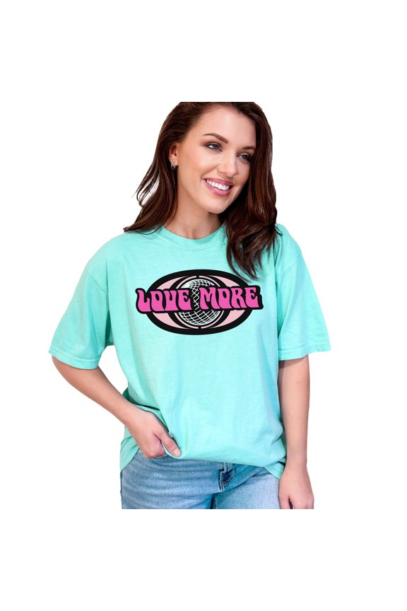 Love More Graphic Tee, Retro Disco Ball Shirt, Vintage Style Clothing, Positive Vibes T-Shirt, Cool Graphic Tee, Funky Trendy Top, Chalky Mint Comfort Colors T-Shirt, XL