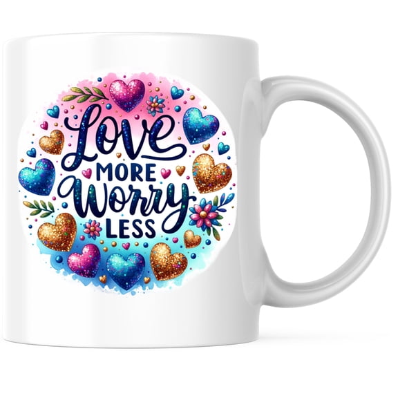 Love More Worry Less Coffee Mug - Positive Inspiring Motivational - Feel Good Magnet - 11 Ounce Coffee Mug - White Interior & Handle - Design Printed On Both Sides - Glossy Ceramic - BMCM01205