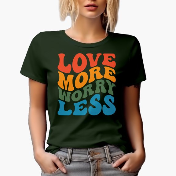 Love More Worry Less, Quote on Loving, Groovy Retro Wavy Text Merch Gift, Military Green T-Shirt, Medium