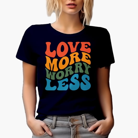 Love More Worry Less, Quote on Loving, Groovy Retro Wavy Text Merch Gift, Navy Blue T-Shirt, Medium