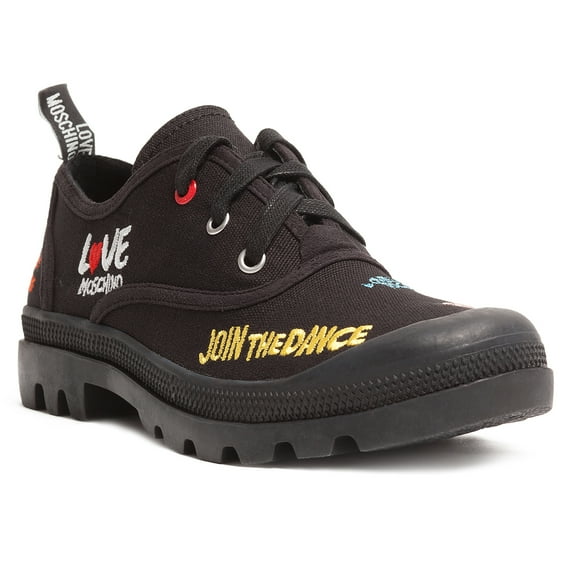 Love Moschino Black Lug Sole Embroidered Sneakers-6 for Womens