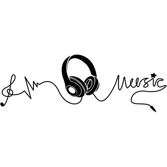 Love Music Wall Sticker Black Headset Wall Decals with Earphone Cable Star Vinyl Wall Stickers for Classroom Music Studio Dance Room Music Lover's Bedroom Decor