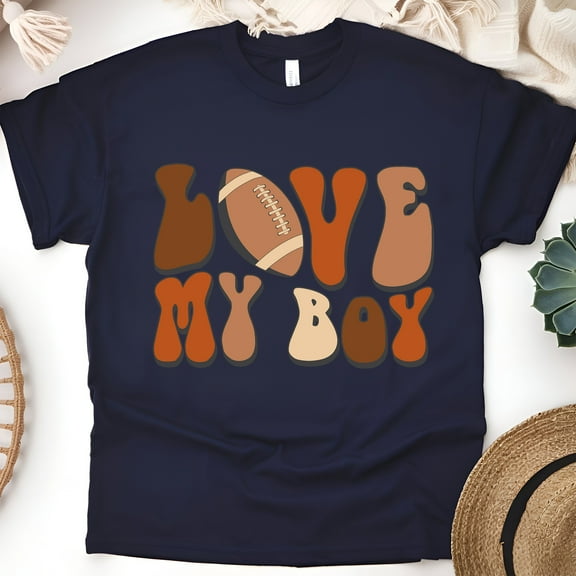 Love My Boy Football Mom Shirt | Retro Game Day Tee for Women, Navy, Size L