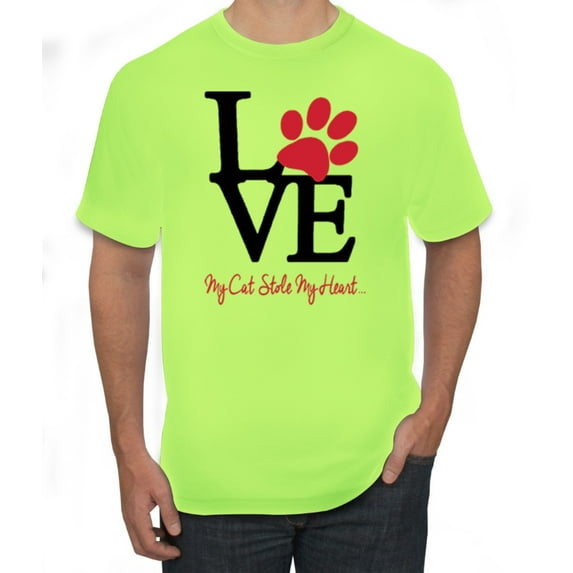Love My Cat Stole My Heart Red Footprints Animal Lover Men's Graphic T-Shirt, Safety Green, 2XL