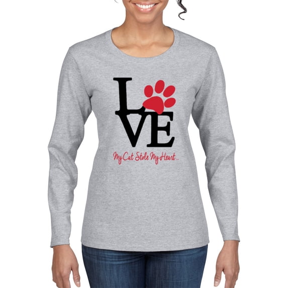 Love My Cat Stole My Heart Red Footprints Animal Lover Womens Graphic Long Sleeve T-Shirt, Heather Grey, Small