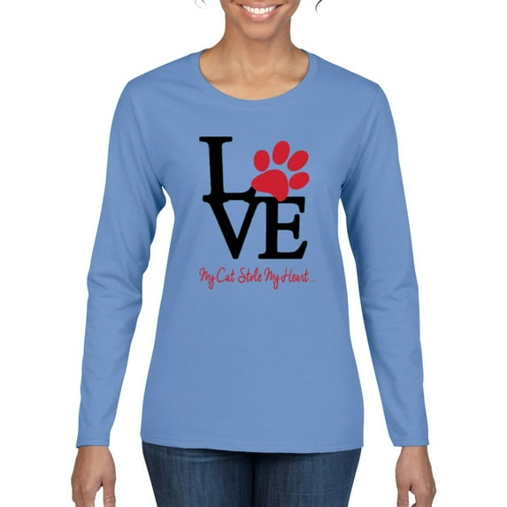 Love My Cat Stole My Heart Red Footprints Animal Lover Womens Graphic Long Sleeve T-Shirt, Light Blue, X-Large