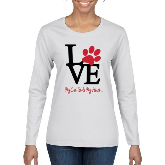 Love My Cat Stole My Heart Red Footprints Animal Lover Womens Graphic Long Sleeve T-Shirt, White, Medium