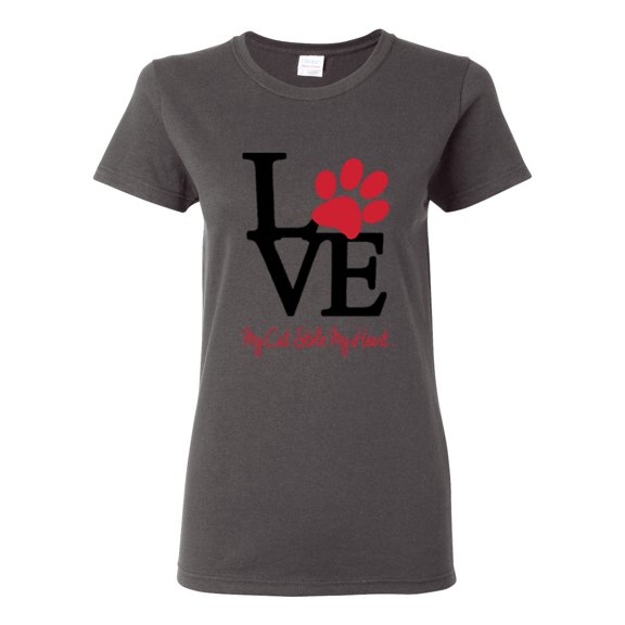 Love My Cat Stole My Heart Red Footprints Animal Lover Womens Graphic T-Shirt, Charcoal, Large