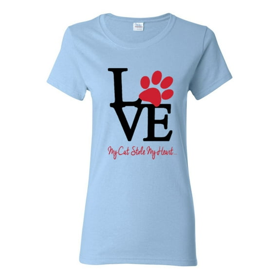 Love My Cat Stole My Heart Red Footprints Animal Lover Womens Graphic T-Shirt, Light Blue, Medium