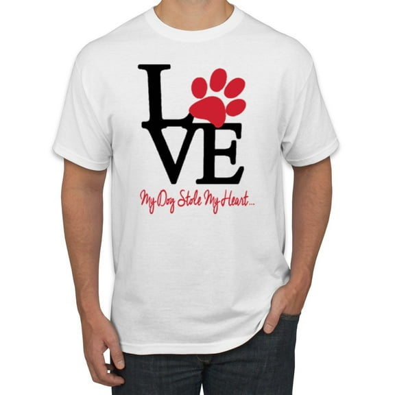 Love My Dog Stole My Heart Red Pawprints Pop Culture Men's Graphic T-Shirt, White, Large