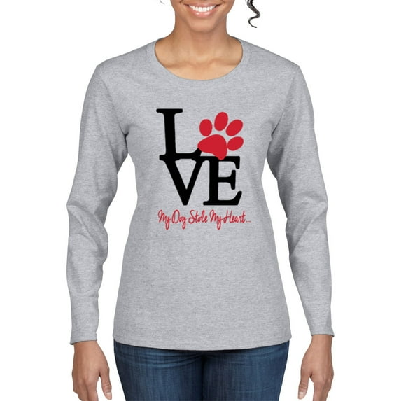 Love My Dog Stole My Heart Red Pawprints Pop Culture Womens Graphic Long Sleeve T-Shirt, Heather Grey, Small