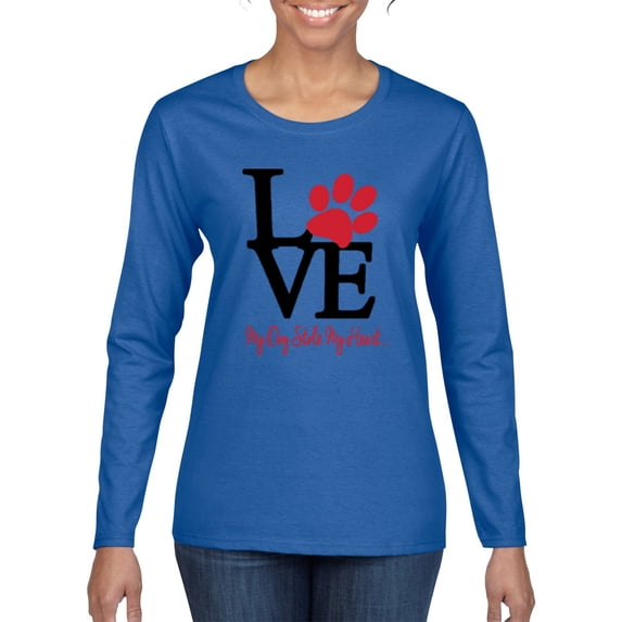 Love My Dog Stole My Heart Red Pawprints Pop Culture Womens Graphic Long Sleeve T-Shirt, Royal, Medium