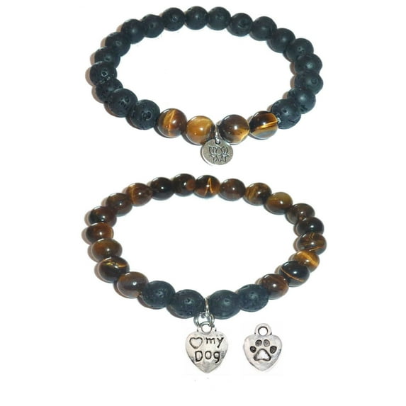 Love My Dog Women's, Girls Tiger Eye & Black Lava Stone Bracelet Gift Set